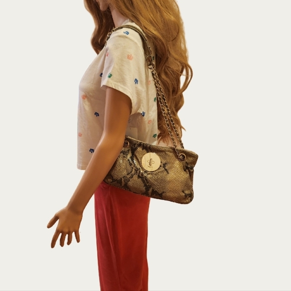 DKNY Beige Gold Snake Print Convertible Shoulder/ Crossbody Bag With Chain Strap - Picture 5 of 16